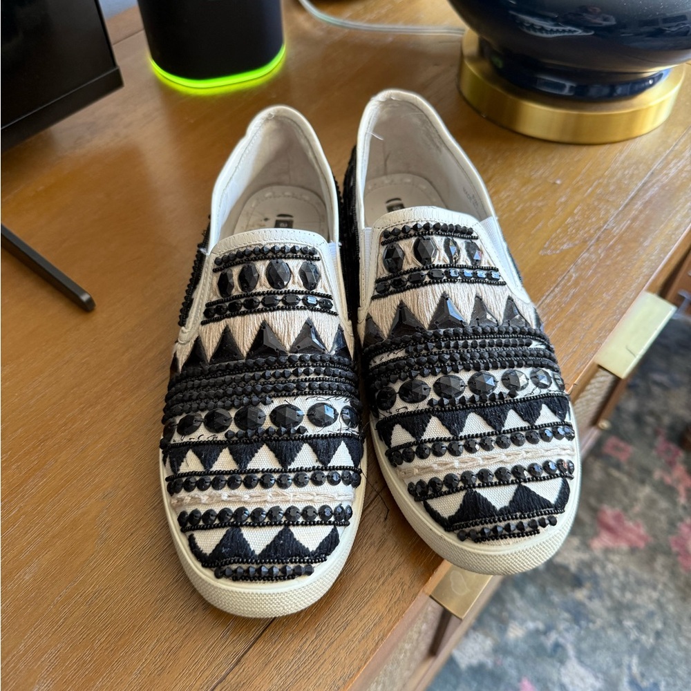Black and White Beaded Slip-On Shoes